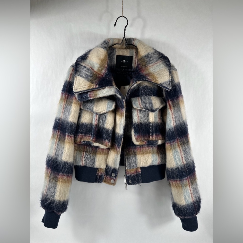 NWT 7 For All Mankind Cropped Bomber Jacket Plaid Tan Blue Zip-Up Coat Small - Picture 2 of 13